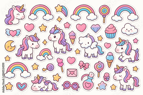 Cute unicorn stickers with rainbows, hearts, and clouds - fantasy and whimsical decorations