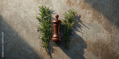 Fototapeta Naklejka Na Ścianę i Meble -  Black pepper and spice grinder resting on aged concrete, serving as a background for culinary text placement