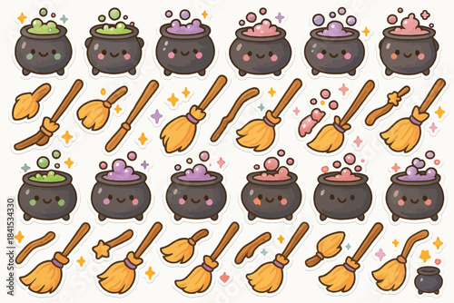Cute cartoon cauldrons and brooms with smiling faces and magic bubbles