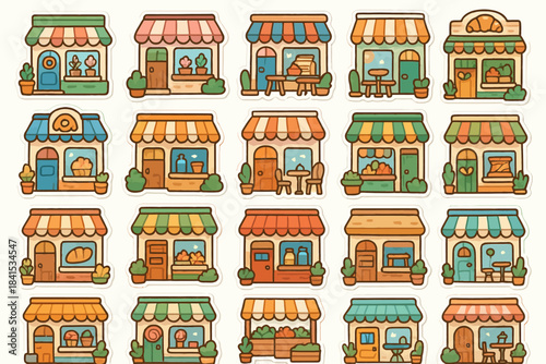 Charming cartoon village with colorful shops and cafes in a whimsical style
