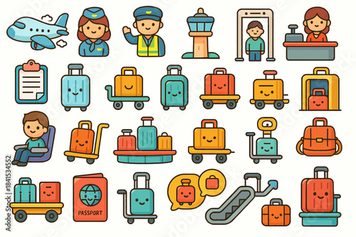 Colorful airport icons: luggage, passports, and air travel elements