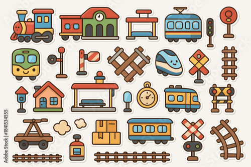 Colorful cartoon train stickers featuring trains, stations, tracks, and signs