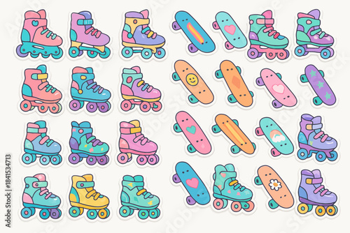 Colorful skate sticker set featuring rollerskates and skateboards