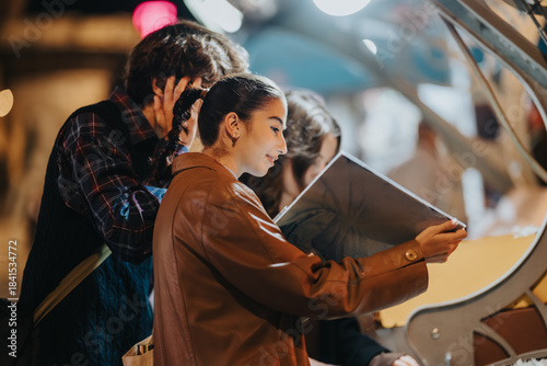 Fotografi A group of cheerful teens explores an urban arcade, with one girl in a brown leather jacket reading a magazine as friends gather around, capturing a lively, modern moment of youth and city life