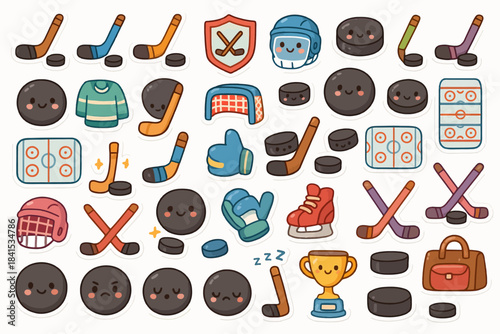 Colorful kawaii ice hockey stickers with equipment and smiling pucks