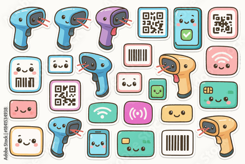 Cute cartoon barcode scanners and qr codes with faces and patterns