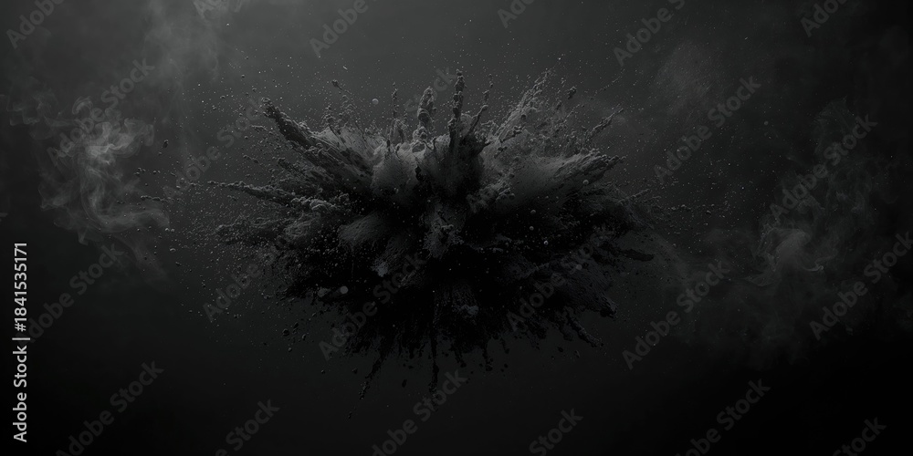 Obraz premium Black powder explosion with splash and charcoal dust, safety precautions, dark background, industrial safety awareness