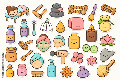 Cute spa and wellness stickers featuring smiling beauty and relaxation icons