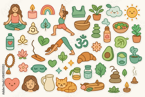 Yoga and wellness sticker set featuring plants, food, and relaxation elements