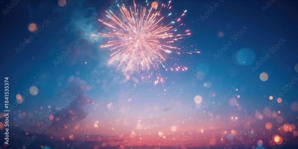 Fototapeta premium Fireworks explosion in vibrant colors over a blurred light pattern, designed for celebration themes, New Years Eve