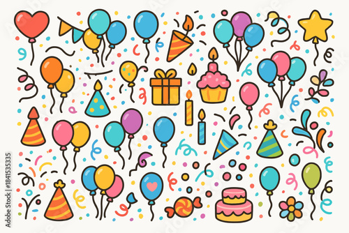 Colorful birthday celebration elements with balloons, cakes, and party hats
