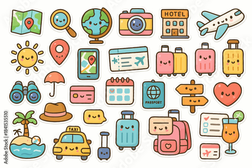 Cute travel-themed stickers: passport, airplane, luggage, map, and more