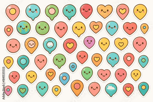 Colorful kawaii map pins and heart stickers with smiling faces