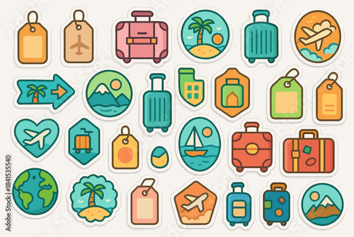 Colorful travel icon set with luggage, tags, and destination symbols
