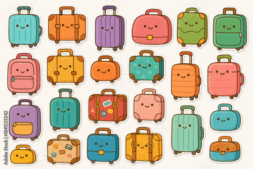 Cute cartoon luggage set with smiling faces in various fun colors and designs