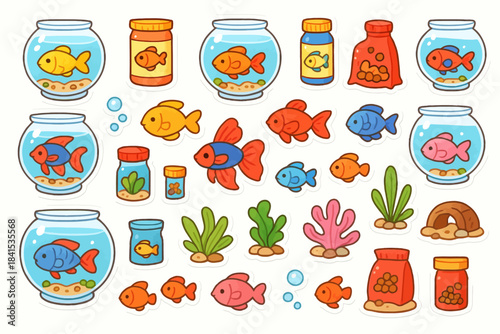 Colorful cartoon fish and aquarium supplies collection