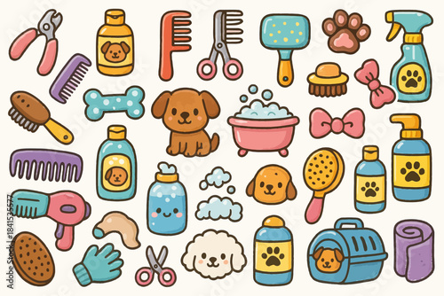Colorful cartoon dog grooming supplies with cute pups and accessories