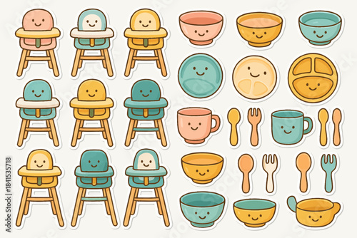 Cute cartoon faces on high chairs and tableware with smiling expressions