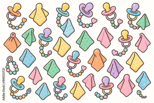 Colorful baby accessories pattern with pacifiers, bibs, beads, and hearts