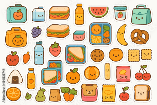 Cute kawaii food stickers with sandwiches, fruits, and snacks