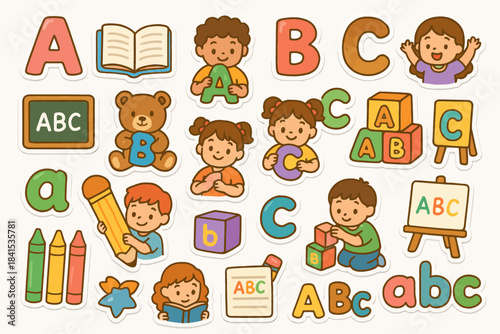 Cute cartoon abcs with children and educational elements for kids' learning