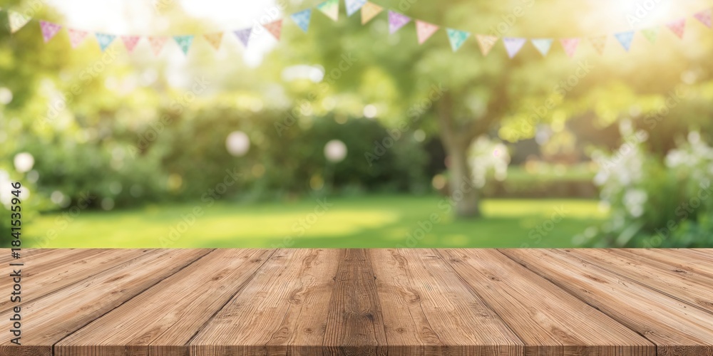 Naklejka premium Empty wooden table set for celebration with festive bunting in the background, suitable for event planning or party setup