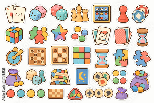 Colorful board game elements stickers: dice, cards, puzzles, chess, tokens collection