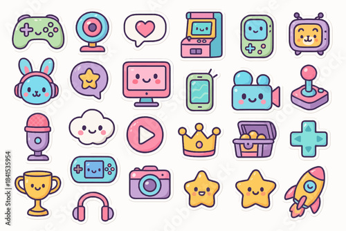 Cute cartoon tech and gaming icons in pastel colors
