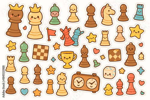 Whimsical chess stickers with cute cartoon characters and fun elements