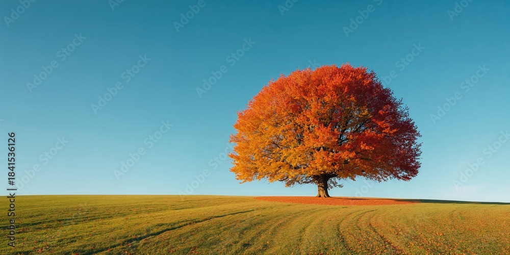 Naklejka premium Vibrant fall scene featuring brightly colored trees under clear sunlight, emphasizing seasonal transition