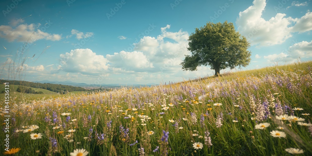Naklejka premium Springtime wildflower meadow with abundant blooms, used as a background for editorial or design purposes, Earth Day