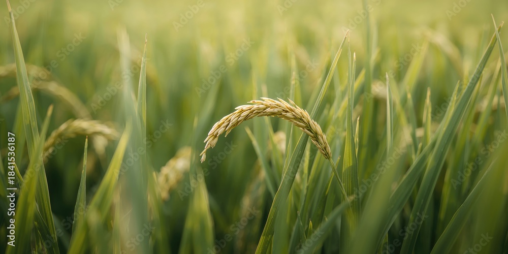 Fototapeta premium Detailed view of mature yellow rice seeds and surrounding foliage, highlighting crop maturity