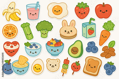 Cute cartoon food stickers with happy faces and various healthy snacks