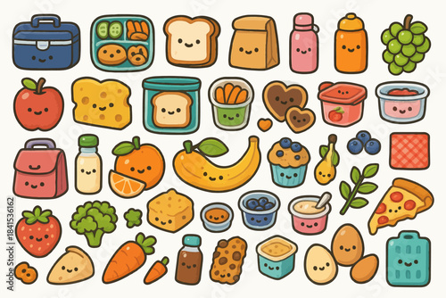 Cute cartoon food and drink characters with happy faces