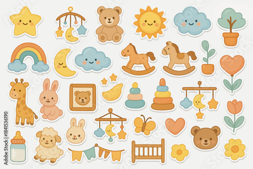 Cute cartoon baby toys and nursery decor with animals and stars