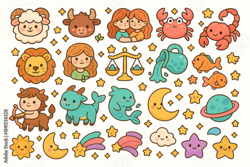 Colorful zodiac characters and symbols with animals and celestial elements