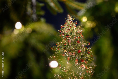 Illuminated and decorated Christmas tree outdoor in a town. Sparkling light and decoration on Christmas tree.