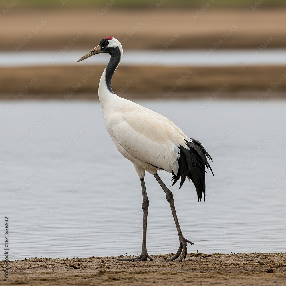 Obraz premium Elegant Red-crowned Crane Strolling Along the Shoreline in Natural Habitat.