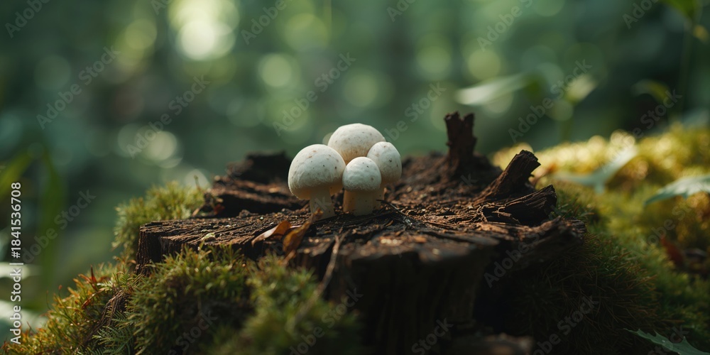 Fototapeta premium Group of four pear-shaped puffballs growing on decaying wood, illustrating forest nutrient cycling, Earth Day