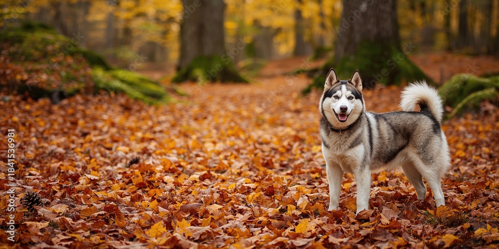 Fototapeta premium Husky dog in a scenic autumnal forest with fallen leaves, seasonal change and outdoor activity