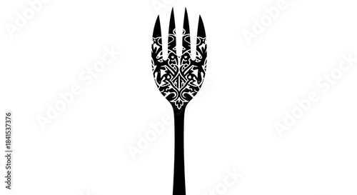 Elegant Ornate Fork Design Black and White Minimalist Utensil Art.