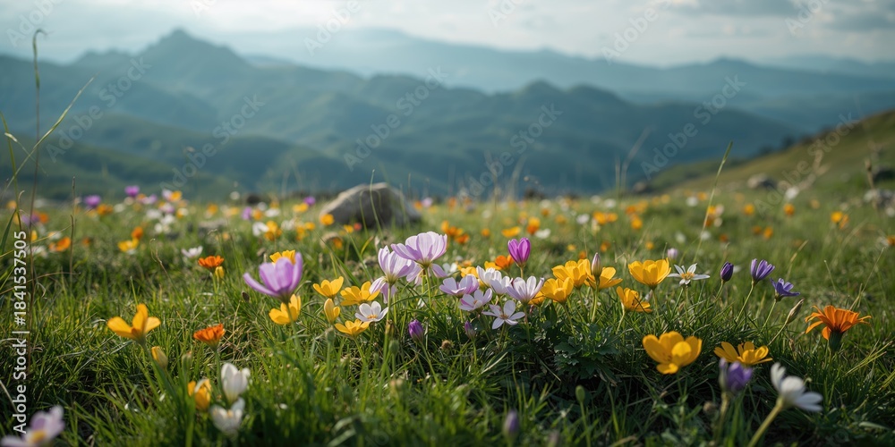 Naklejka premium Springtime alpine flora on Mount Teghenis, emphasizing seasonal floral diversity