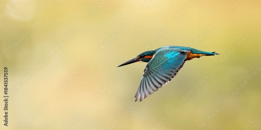 Fototapeta premium Kingfisher bird with long black beak and textured feathers displaying blue green yellow gradient, birdwatching safety awareness