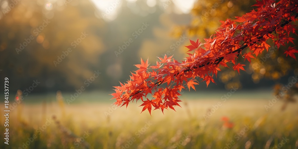 Naklejka premium Natural autumn foliage with vibrant red maple leaves on a tree branch in a meadow, signifying seasonal transition