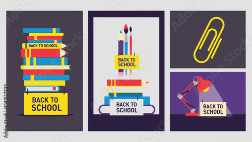 Vibrant set of modern school supplies and stacked books announcing the exciting return to education this semester