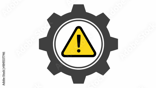 Urgent warning alert symbol inside a dark gear mechanism signaling critical machinery malfunction or system error