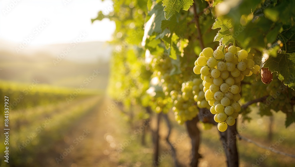Fototapeta premium Close-up of grape bunches on a vine during daytime, highlighting vineyard growth and cultivation