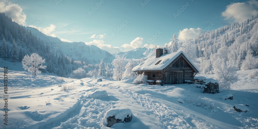 Obraz premium Rustic wooden cabin in snow-covered mountain landscape, ideal for winter getaway