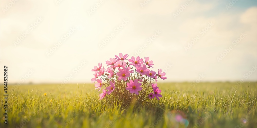 Obraz premium Cosmos flowers in bloom against a bright sky, suitable as a background for text or layout, Earth Day