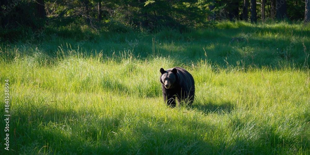 Fototapeta premium California black bear in a lush meadow with tall trees and logs, wildlife habitat preservation